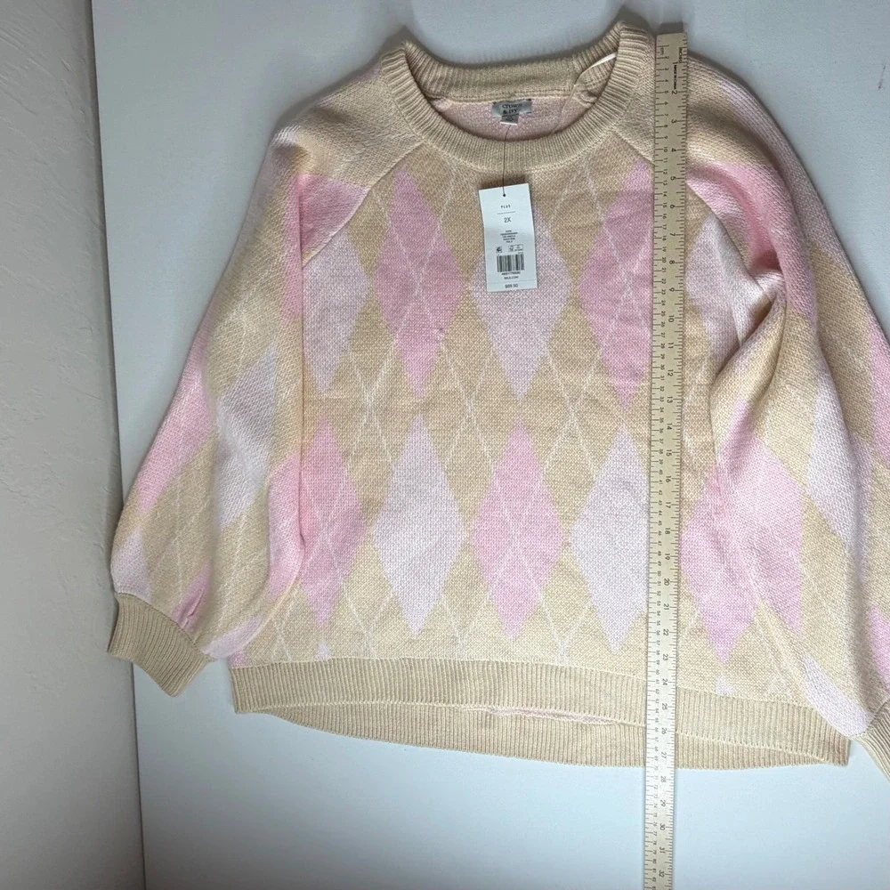 NWT Crown & Ivy Argyle Jacquard Crew Neck Sweater‎ Size 2X Coquette Preppy Comfy